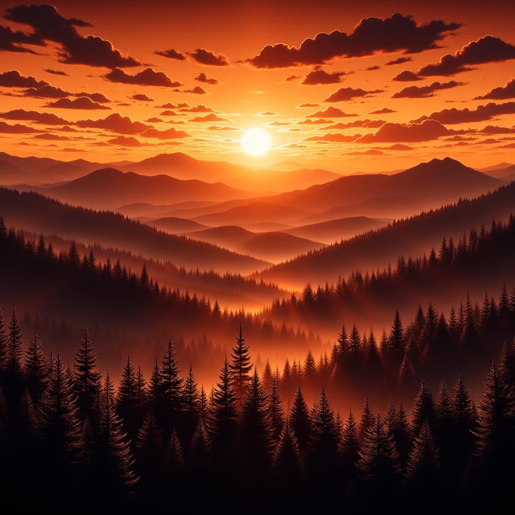 Dystopian Sunset Over Mountains in Sci-Fi Style