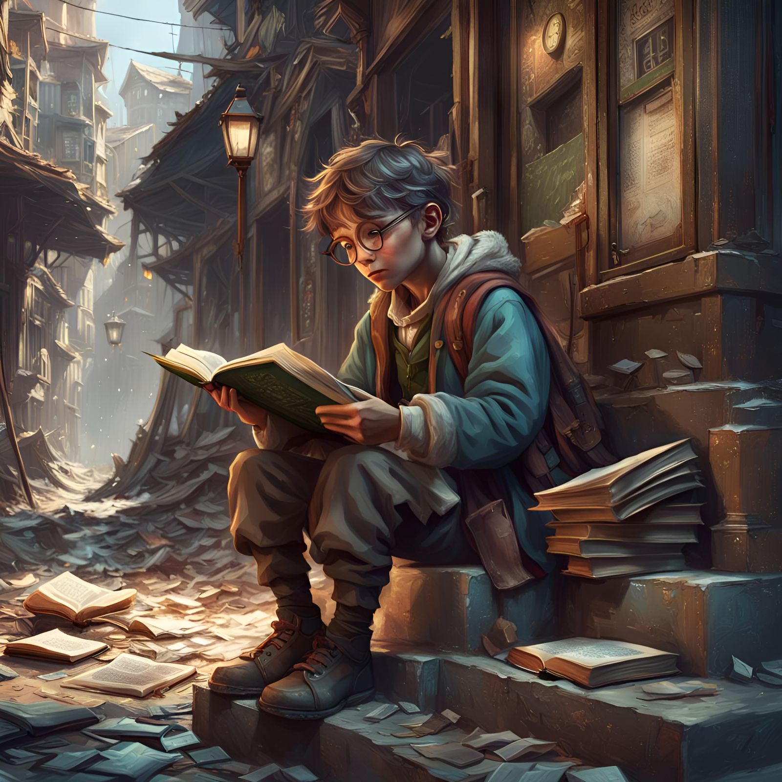 Child Reading Book in Shabby Street: Detailed Matte Painting