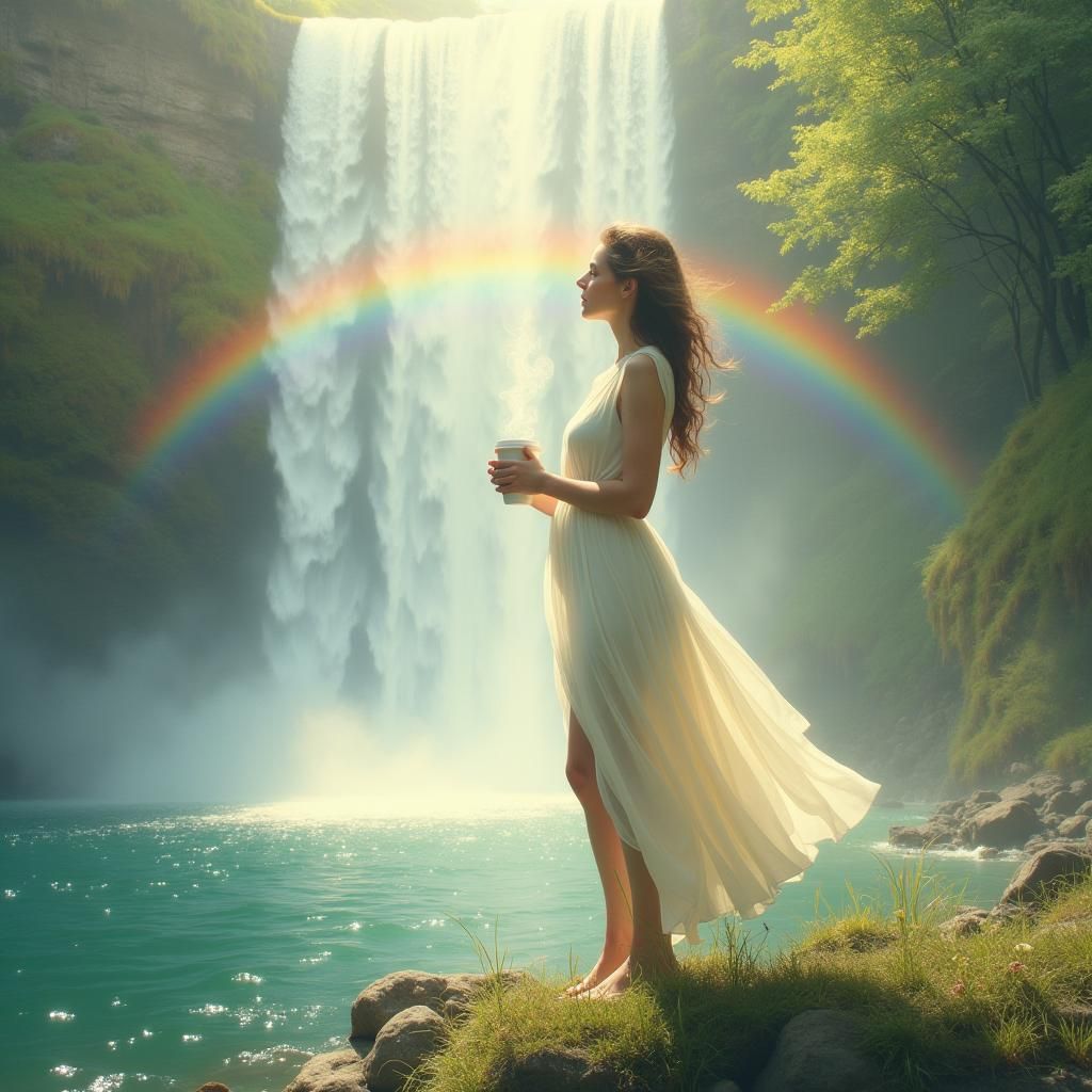 Dreamy Woman by Waterfall with Rainbow