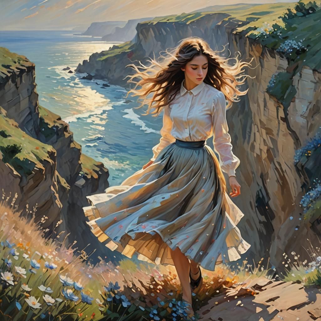 Impressionist Woman on Cliff in Golden Light
