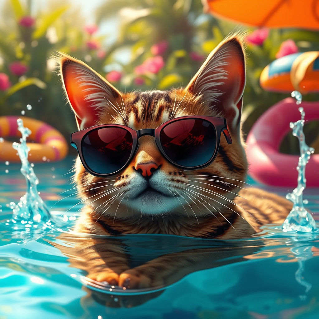 Cat Lounging in Pool with Sunglasses