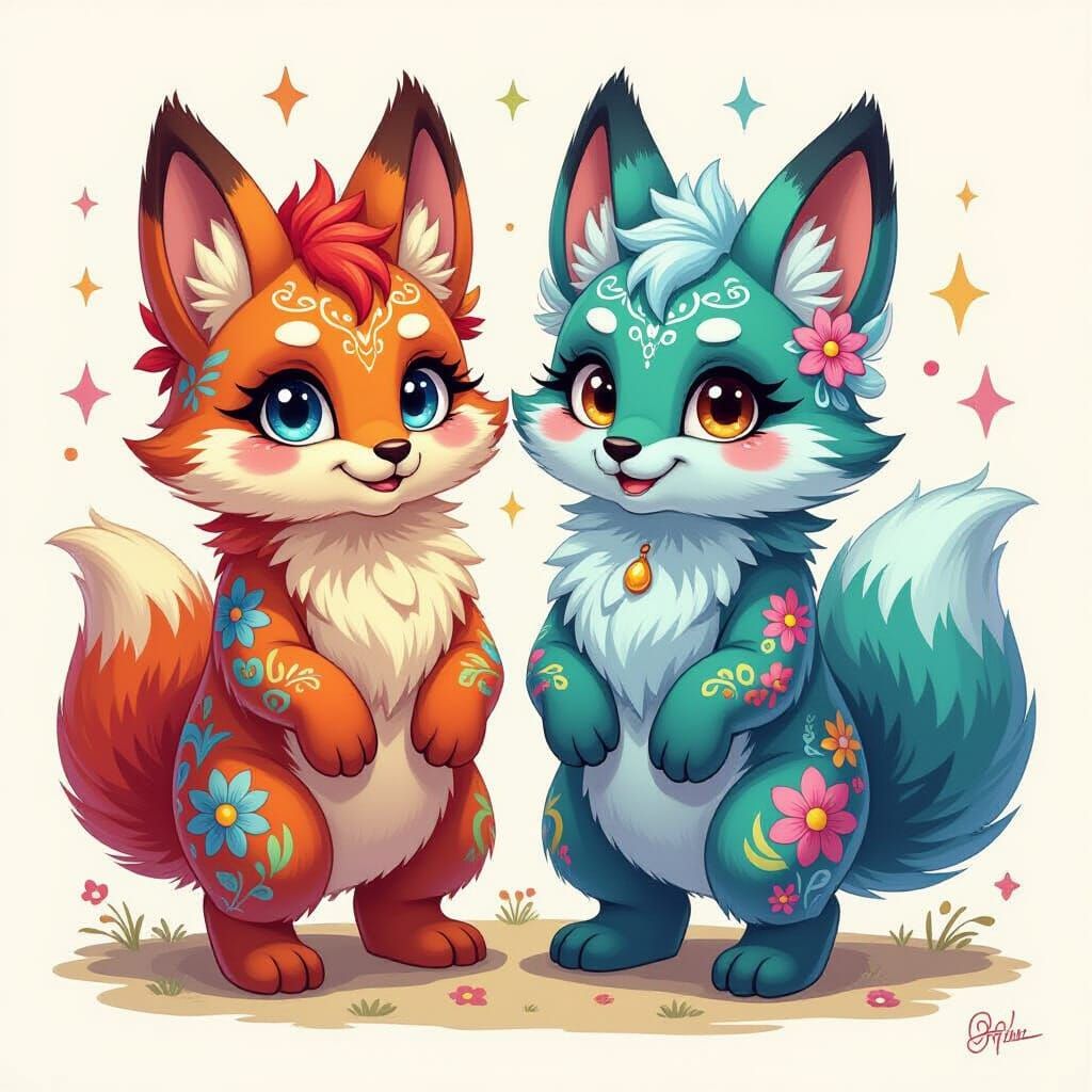 Vibrant Furry Characters with Tattoos, Whimsical Illustratio...