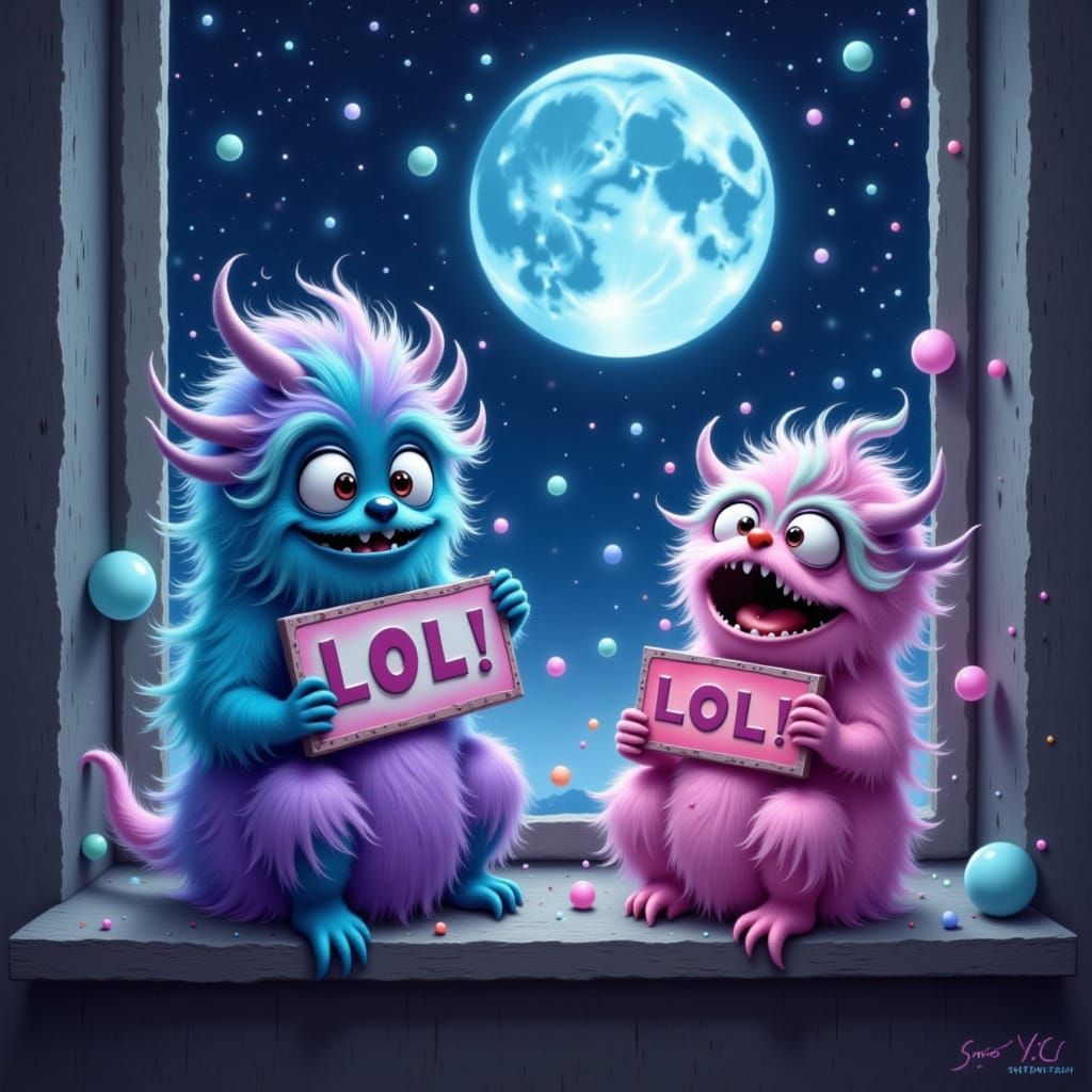Whimsical Monsters Gaze at Starry Night Sky