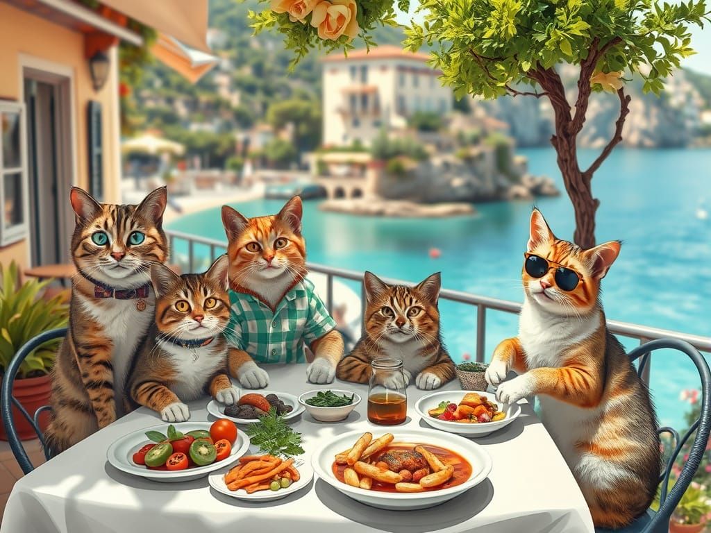 Cats' Summer Dinner in Mediterranean Village