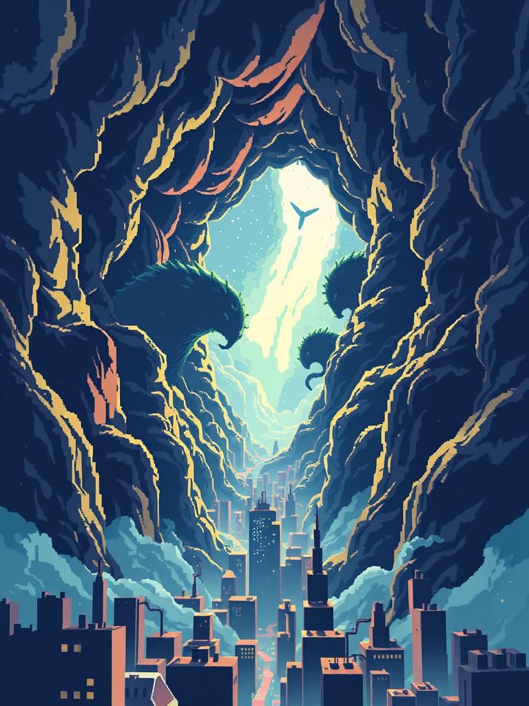 Pixel Art Wormhole Invasion with City Background