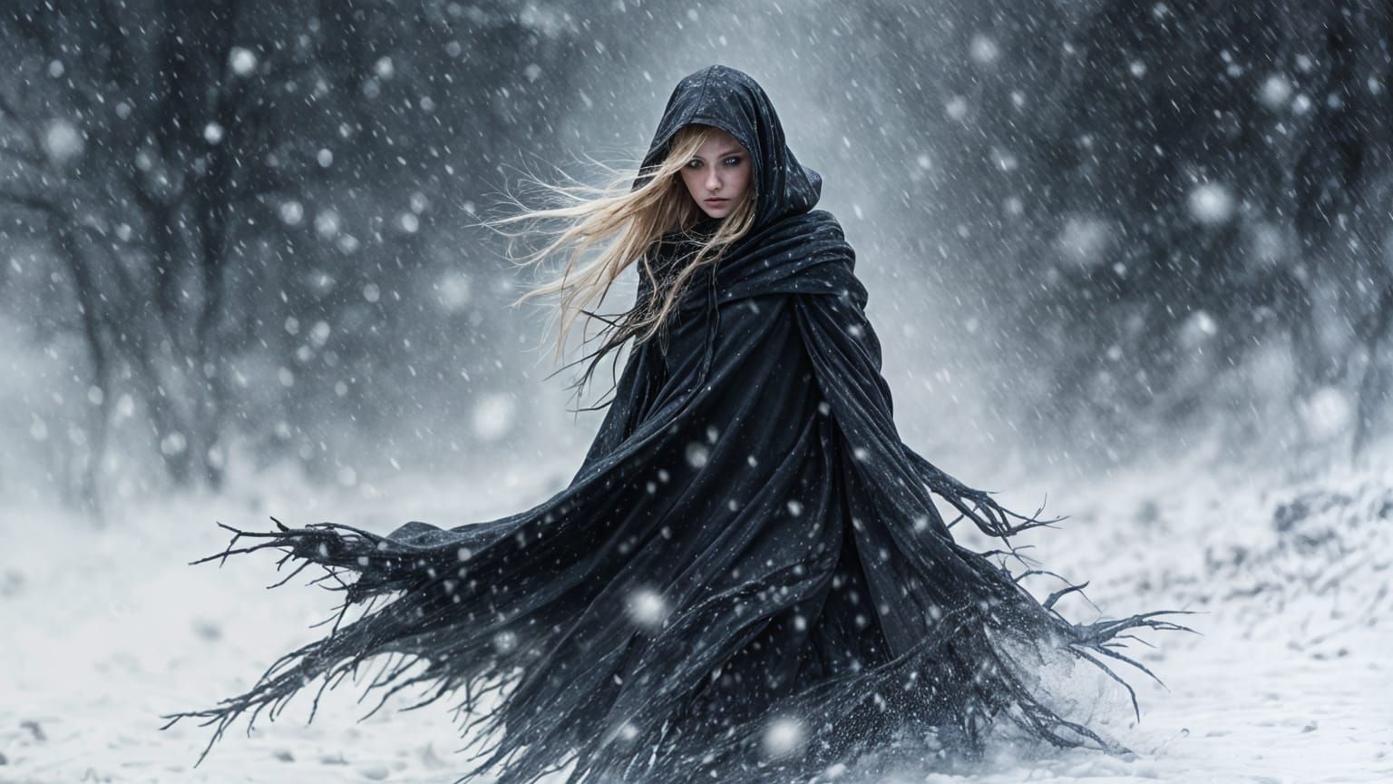 Goth Woman Walks Through Blizzard in Dark Clothing Style