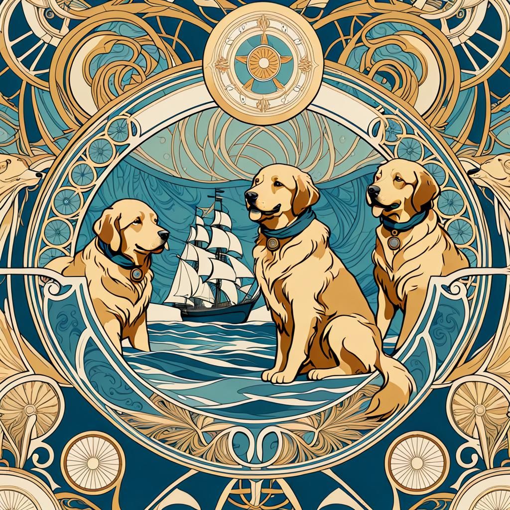Nautical Golden Retriever Pattern in Art Nouveau Style