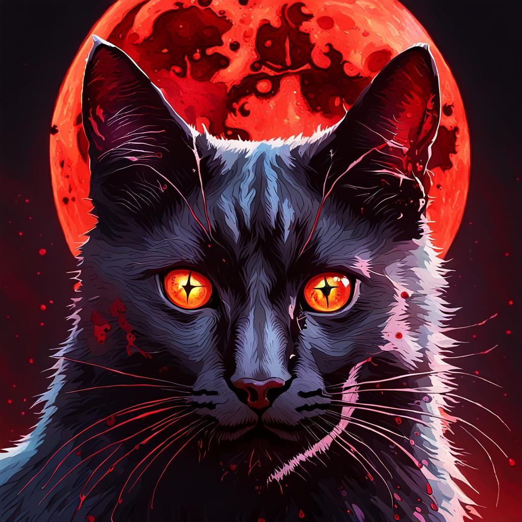 Eerie Black Cat Gazing at Blood Moon