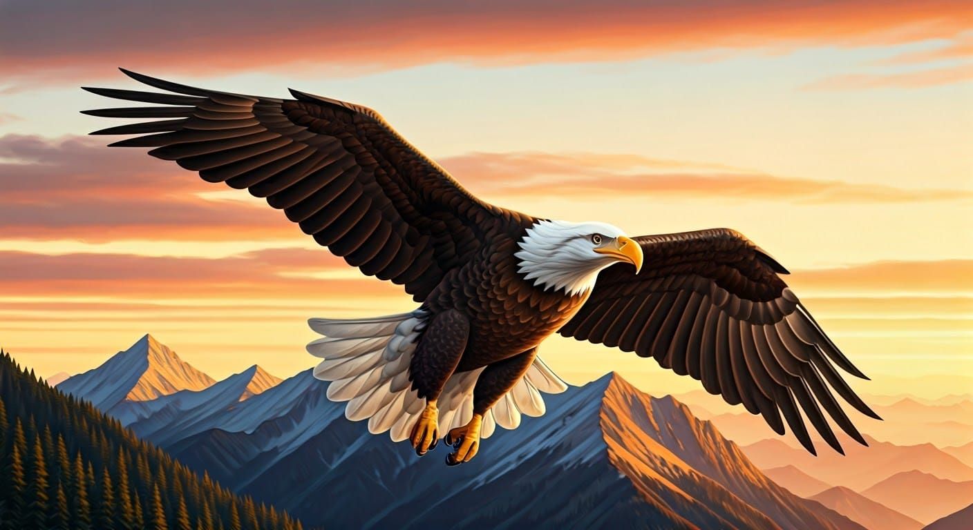 Bald Eagle Soaring Over Mountains at Sunrise