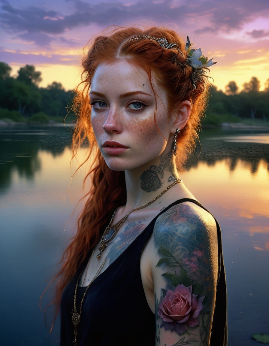 Hyperrealistic Digital Art of a Tattooed Ginger in Twilight