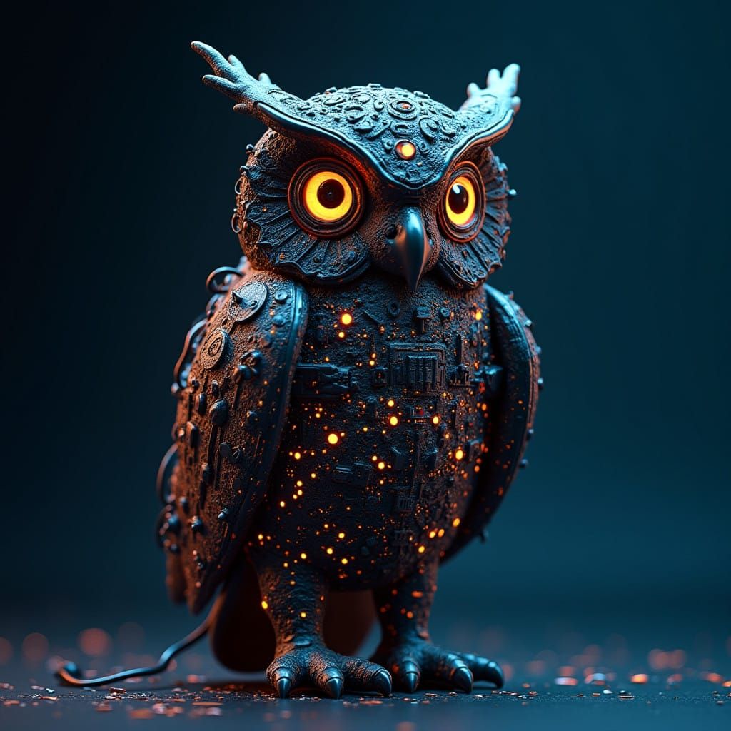 Electrifying Futuristic Owl Sculpture in Neon-Lit Cyberpunk...