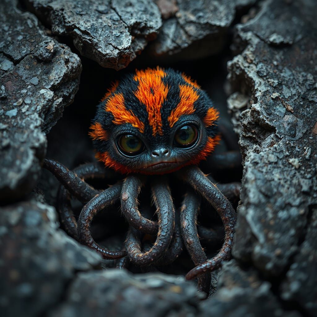 Neon Furry Creature with Tentacles in Rocky Fissure