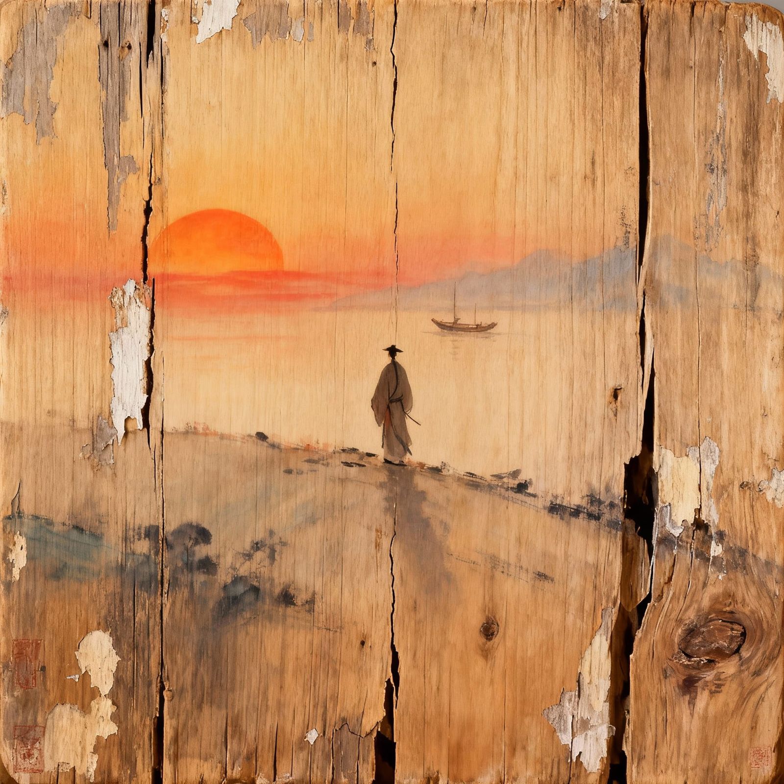 Asian Traveler at Minimalist Sunset on Textured Wood
