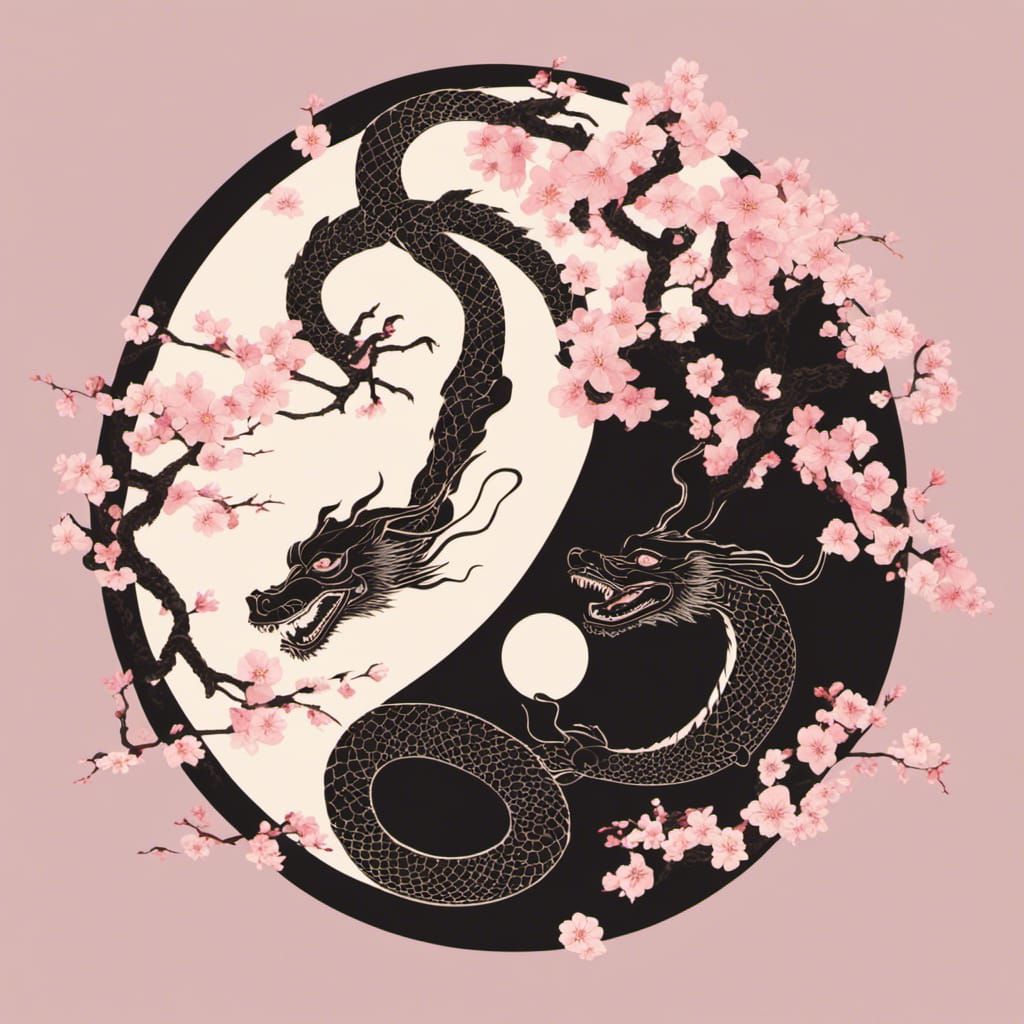 Yin and Yang Dragons with Cherry Blossoms