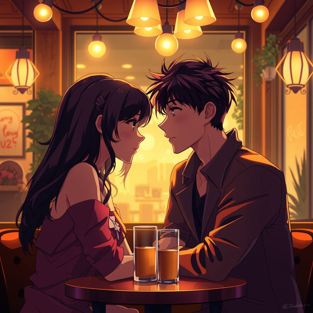 Romantic Anime Couple in Cafe with Golden Lighting