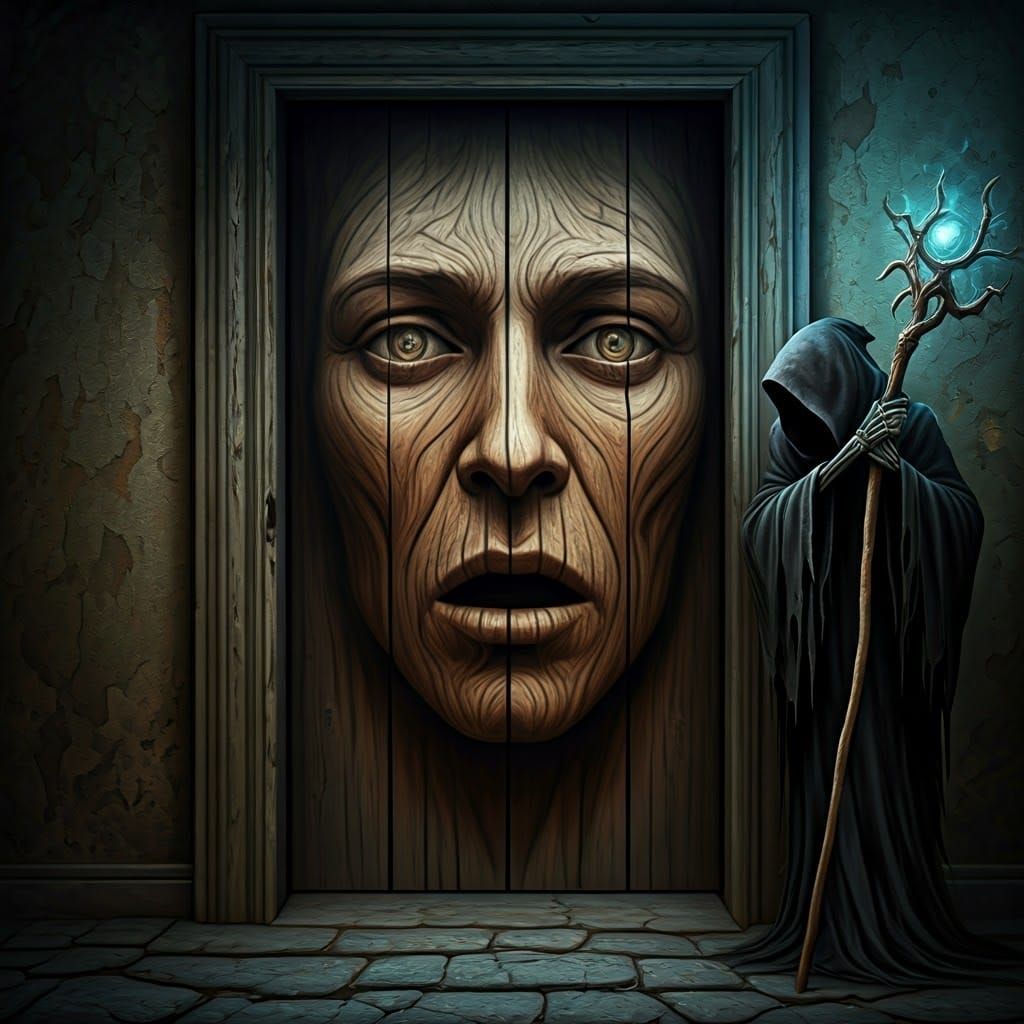 Ancient Door with Reaper in Dark Surrealism