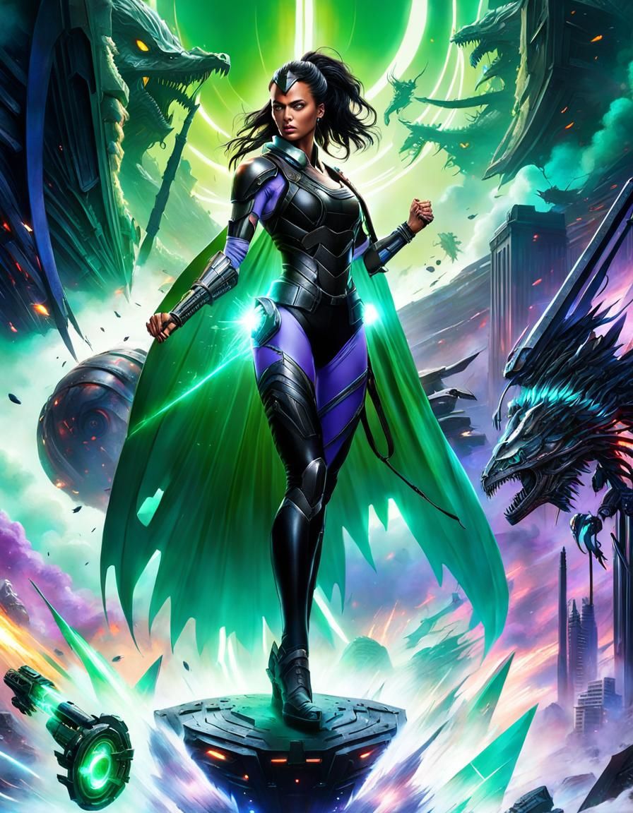 Xenomorph Warrior Woman on Battlefield, Digital Art