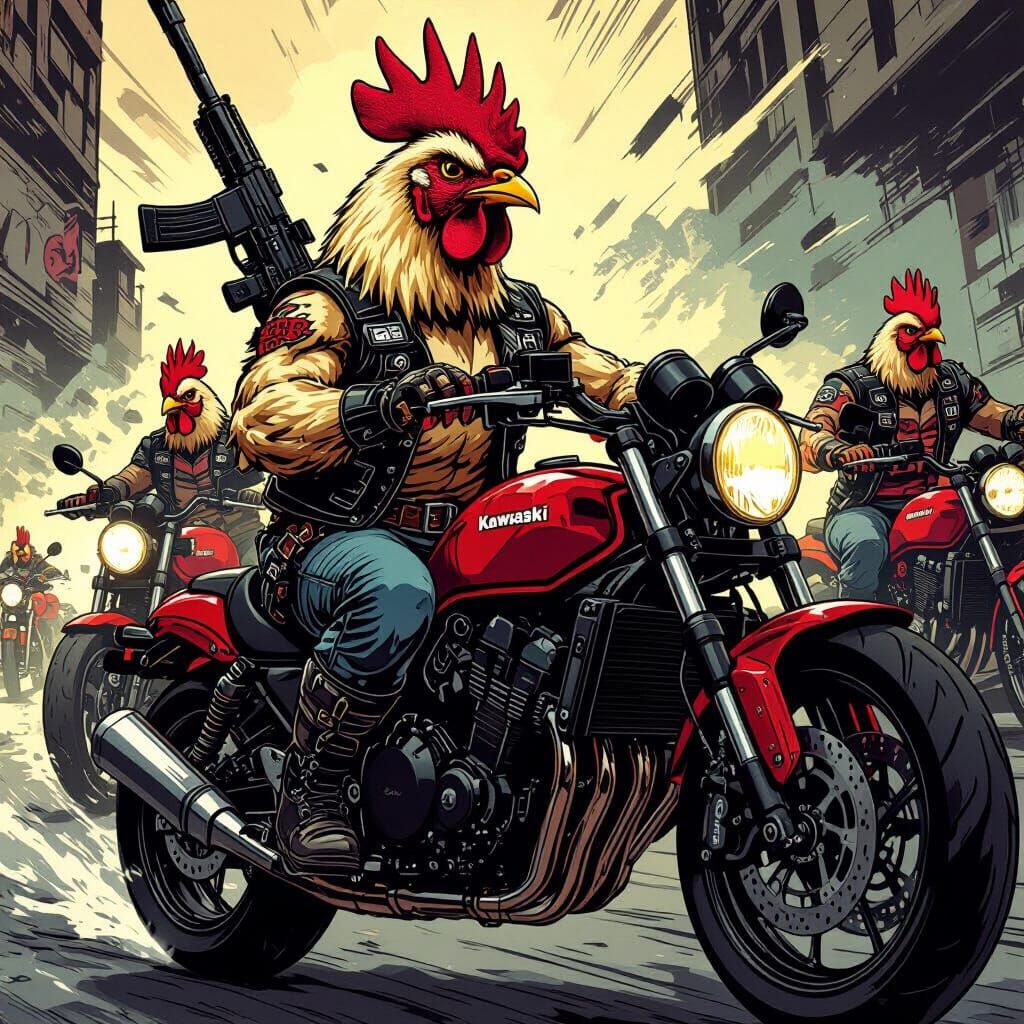 Chicken Biker Gang in Gritty Comic Art Style