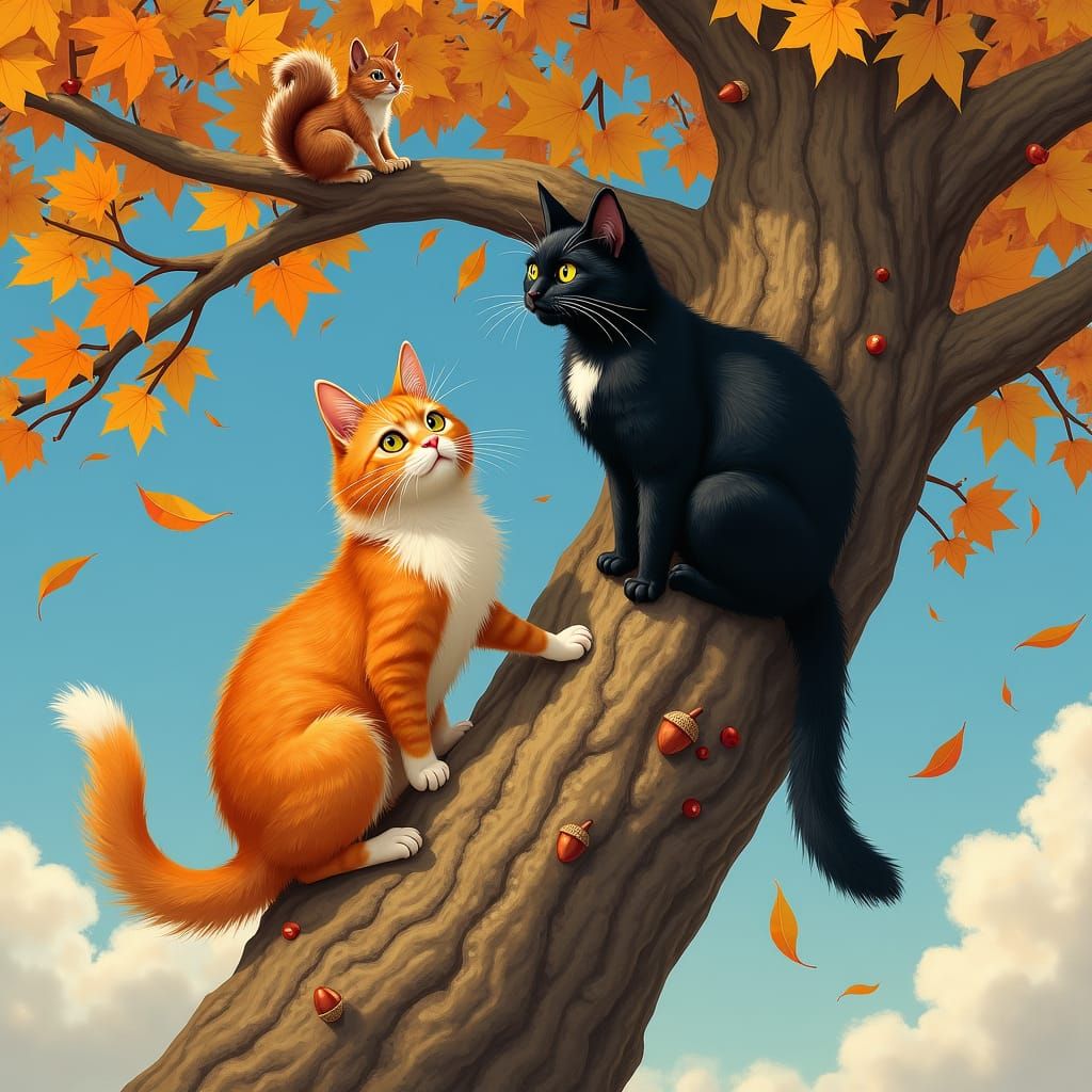 Cats Climb Autumn Tree in Nostalgic Style