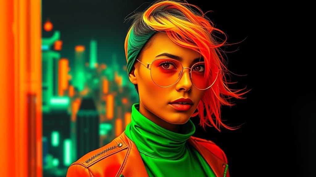 Futuristic Cityscape in Neon Green and Orange