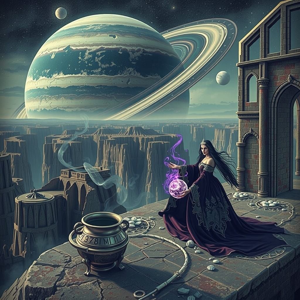 Mystical Sorceress Weaves Spell in Ruined Keep