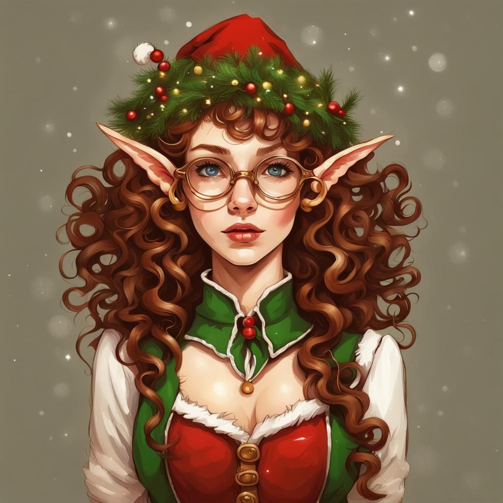 Steampunk Christmas Elf with Brown Curls in Painted Style