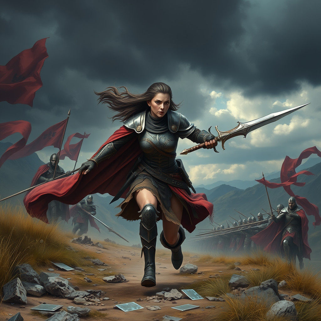 Heroine Rushes into Battle with Magic Cards, Fantasy Art