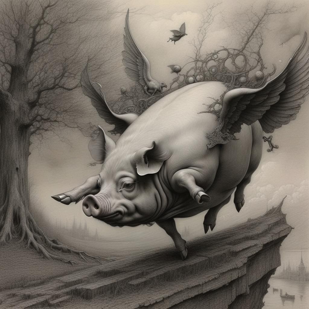 Flying Pig Attends Funeral: Surreal Art Nouveau