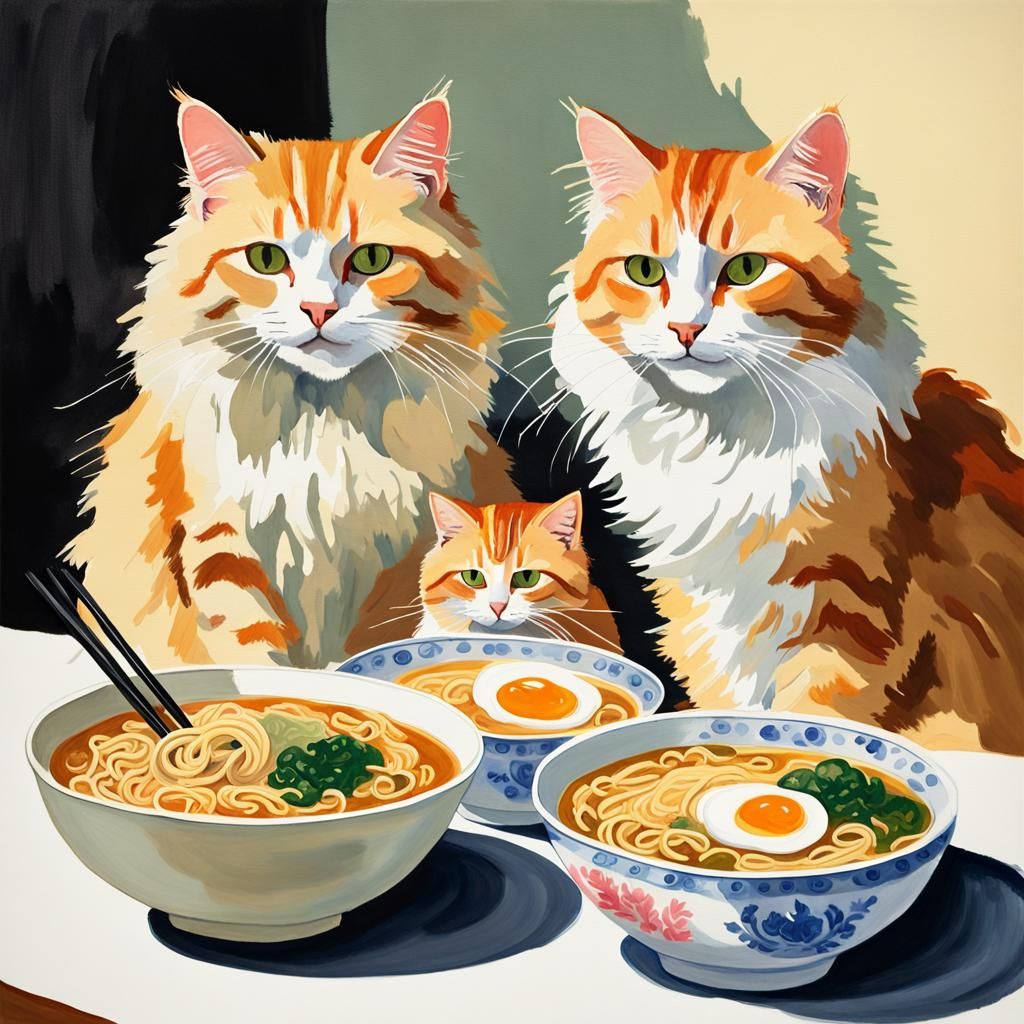 Cats Eating Ramen: An Impressionist Gouache Painting