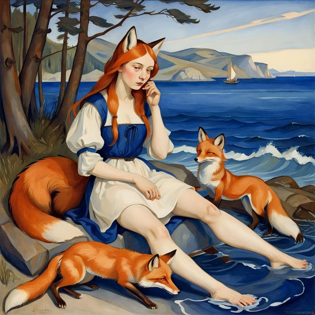 Foxes' Seaside Quest, Illustrated Fairytale Scene