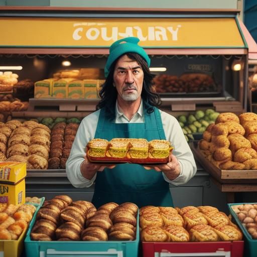 Humorous Character with Oversized Snacks, Wes Anderson Style