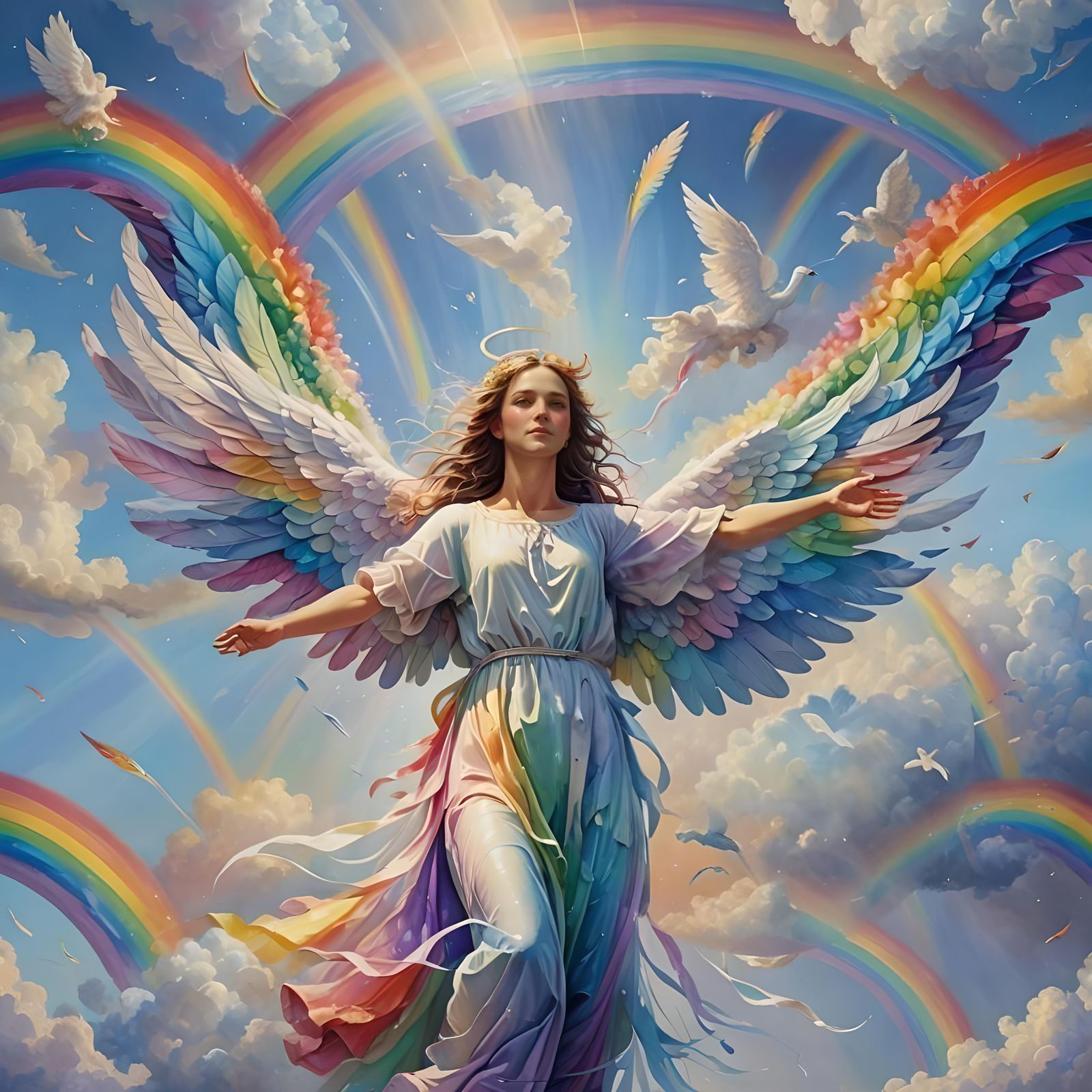 Rainbow Angel Soaring Through Rainbow Sky: Hyperrealistic Ar...