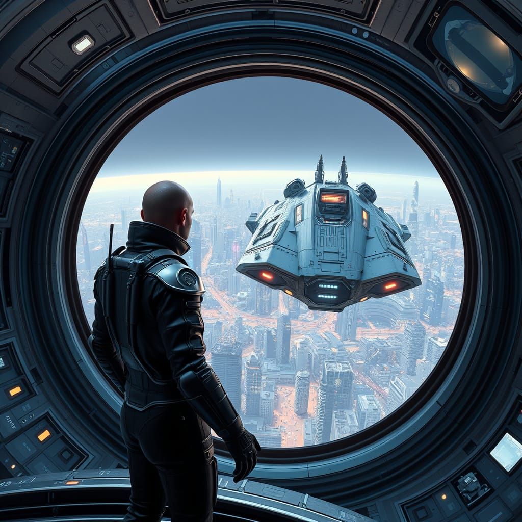 Sleek Space Suit Stands at Edge of Futuristic Space Station