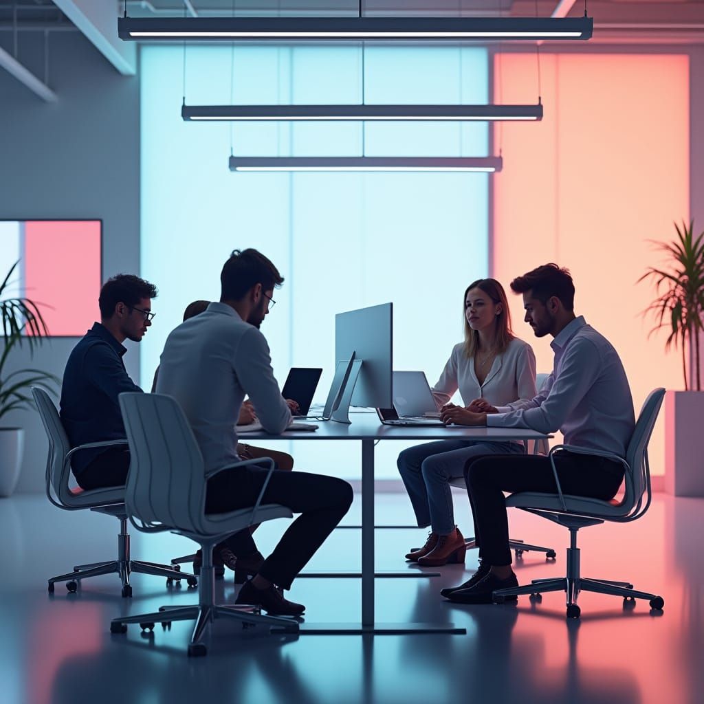 Futuristic Office: Young Professionals Collaborate in Modern...