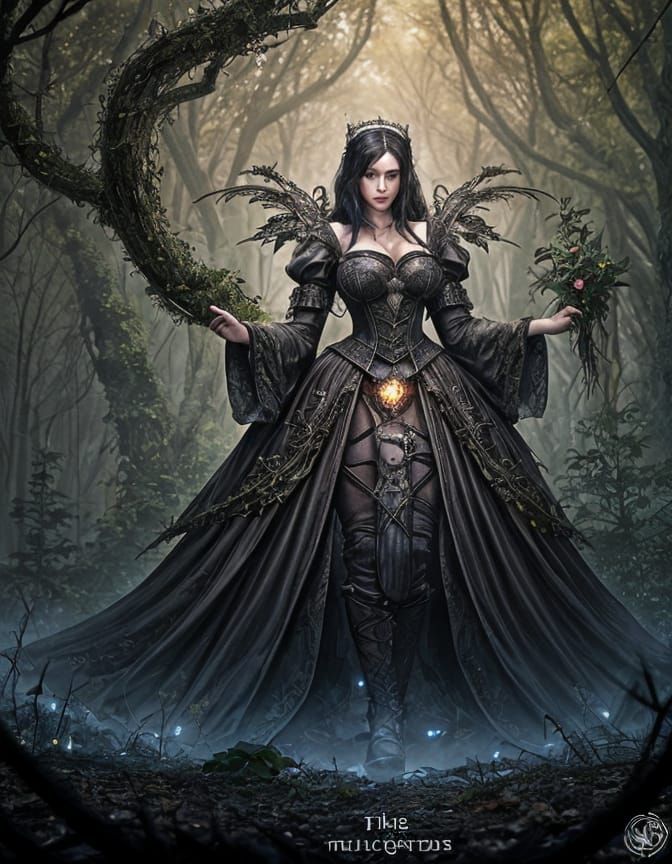 In the art style of Luis Royo. Snow White. Fairy forest. Dar...