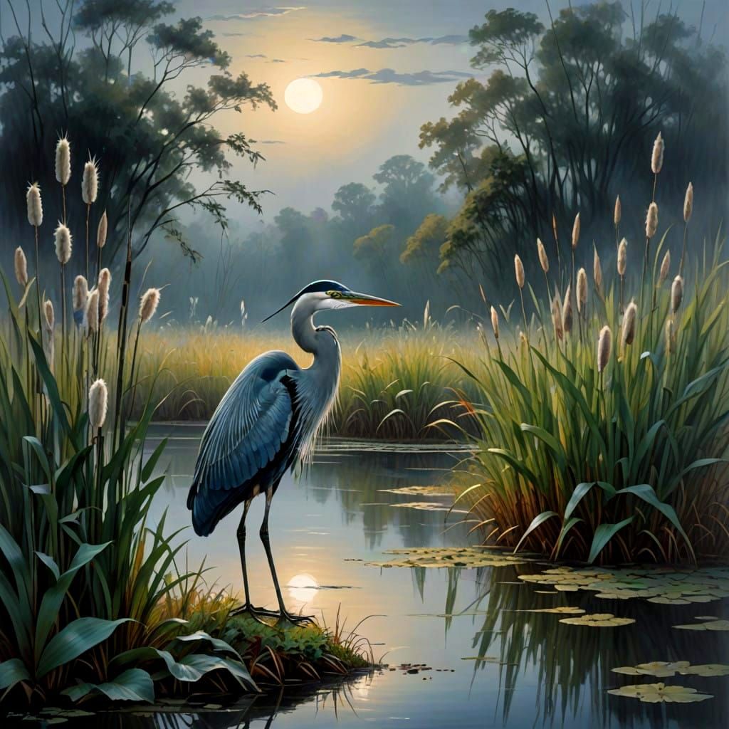 A Lone Bird Stands in a Misty Wetland