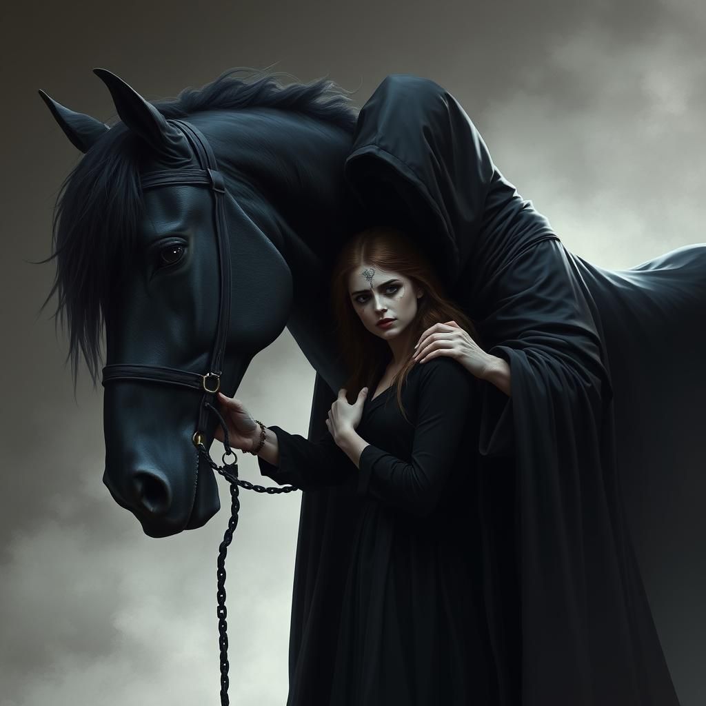 Ethereal Grim Reaper Scene with Woman and Horse