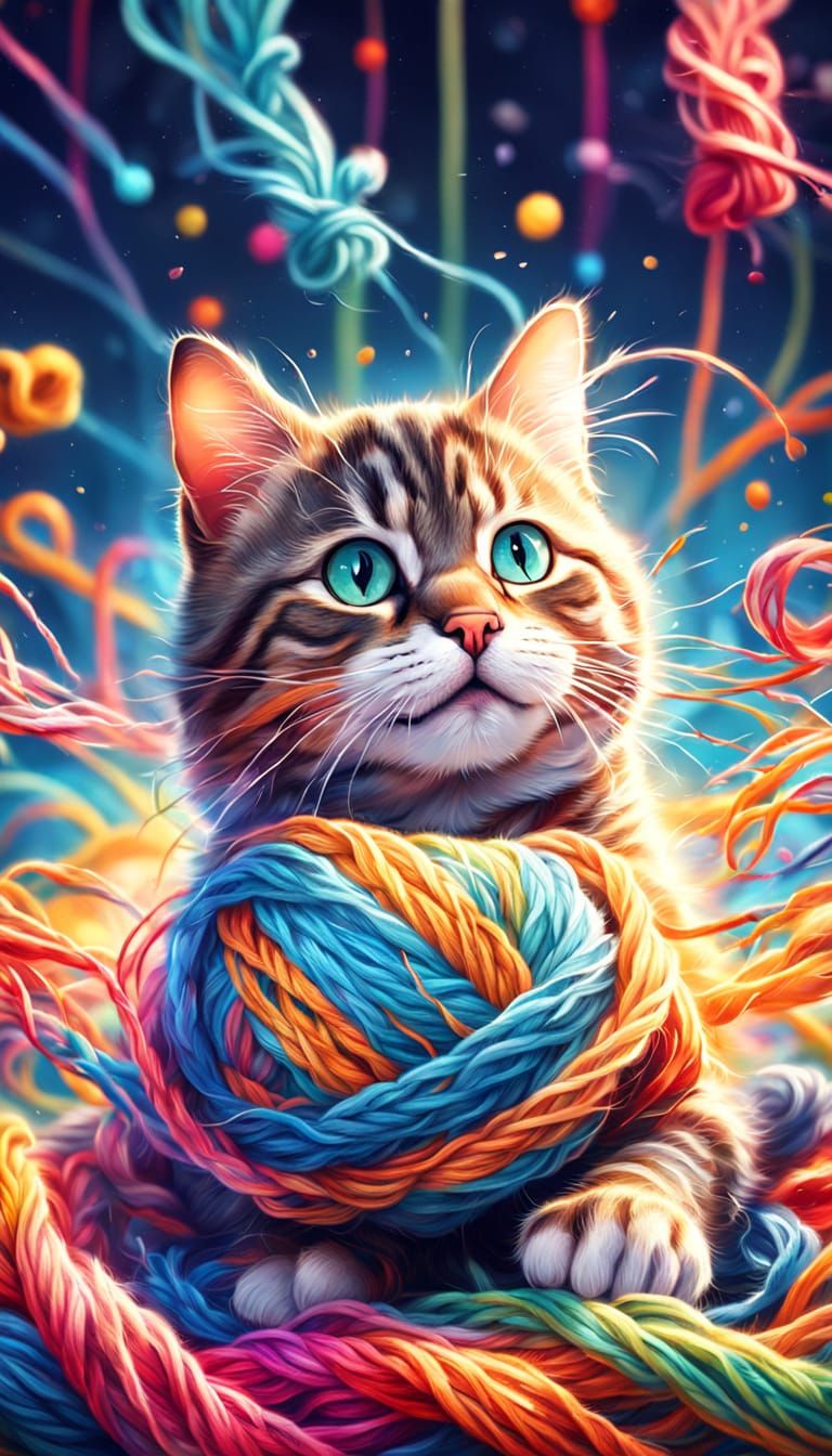 Cute Tabby Cat Playing with Yarn - Concept Art
