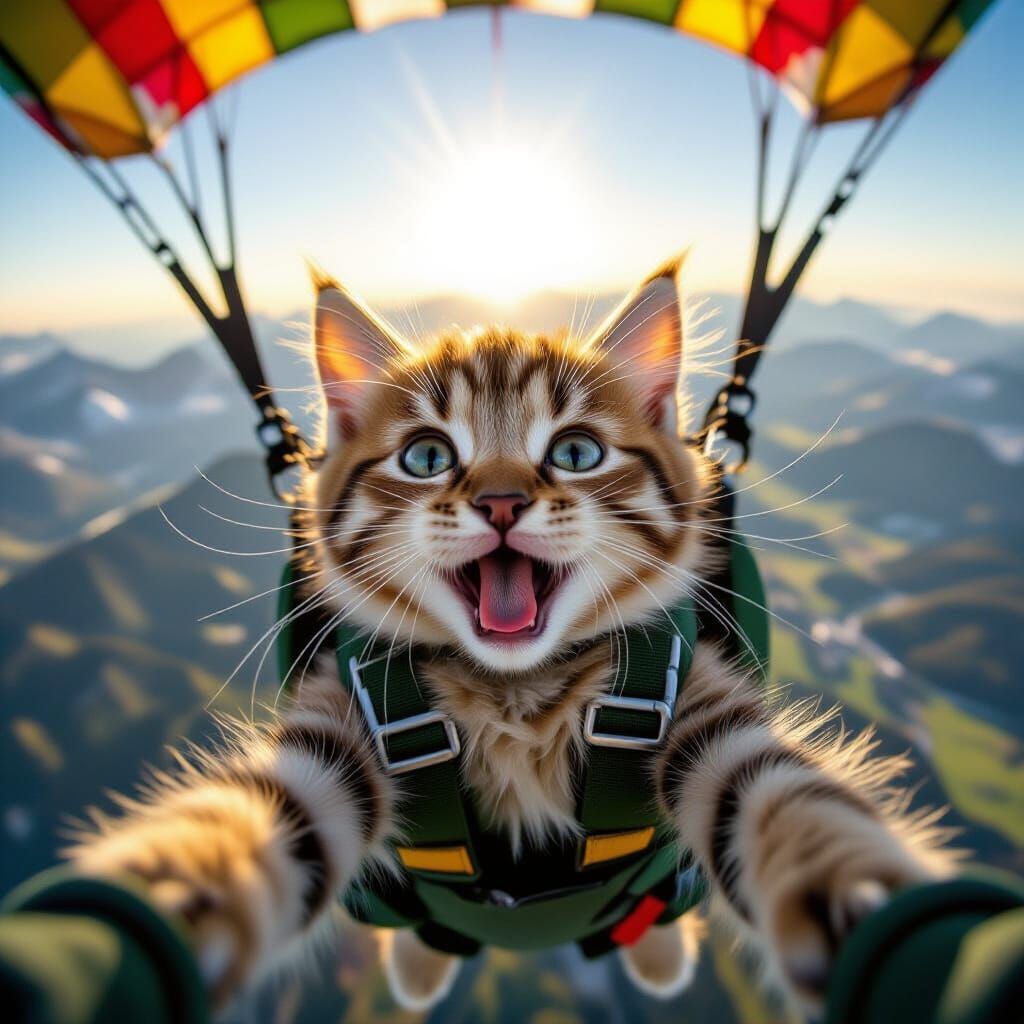 Cat Skydiving Over Alps in Surreal POV Selfie