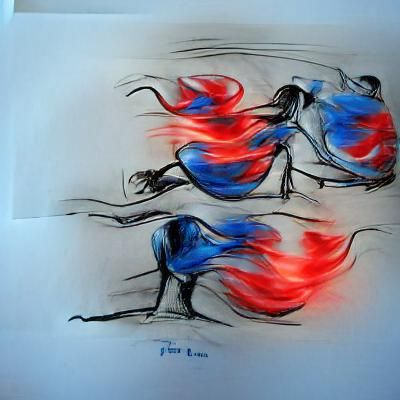 Dynamic Blue and Red Flames Ink Drawing