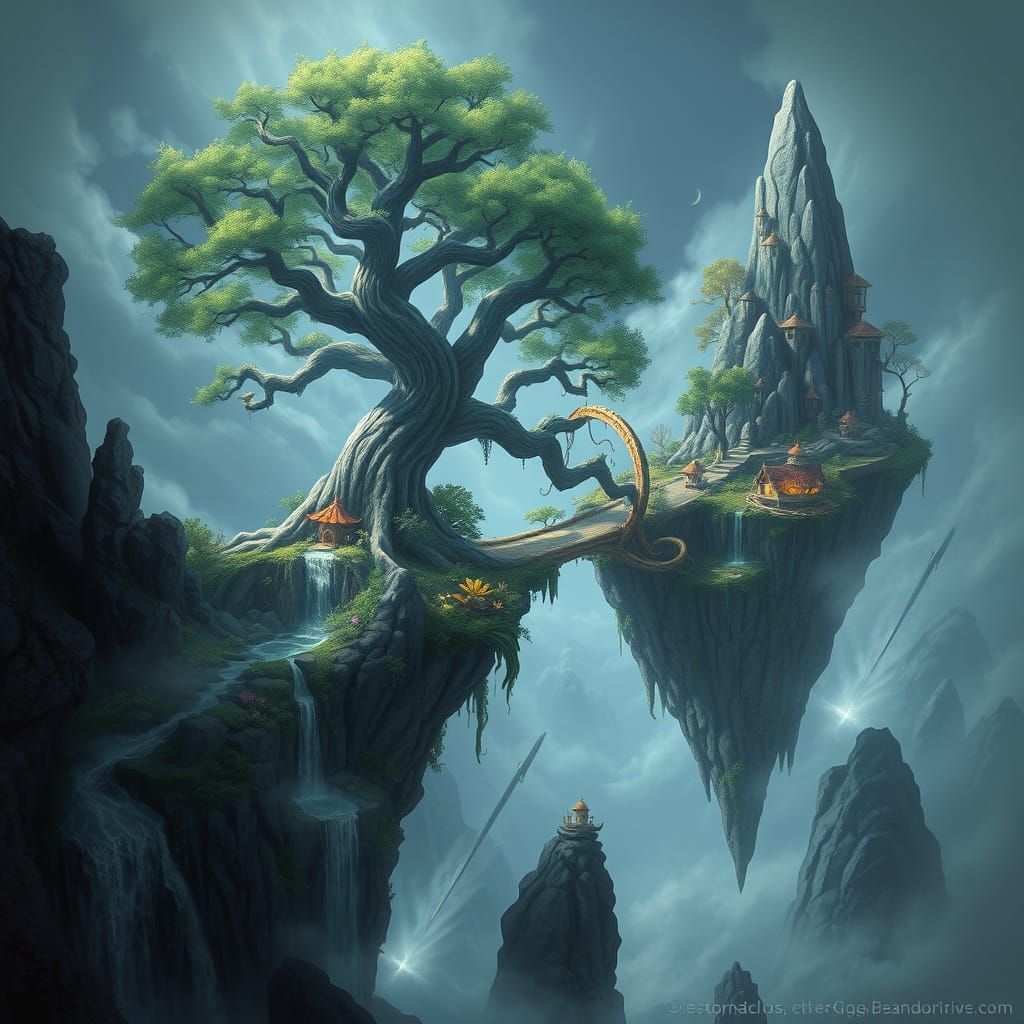 Ancient Tree Connects Floating Islands in Epic Fantasy Art
