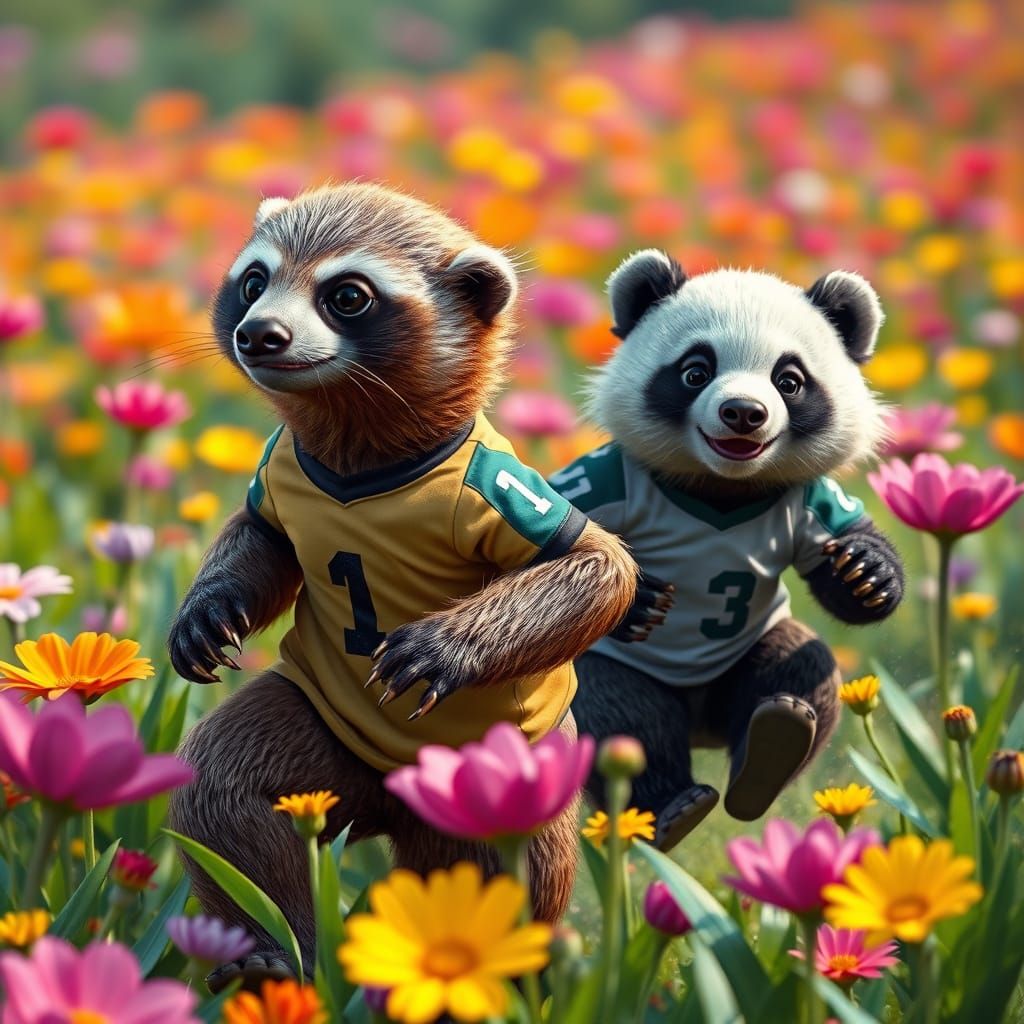 Sloth and Panda Race in Flower Field, Hyperrealistic