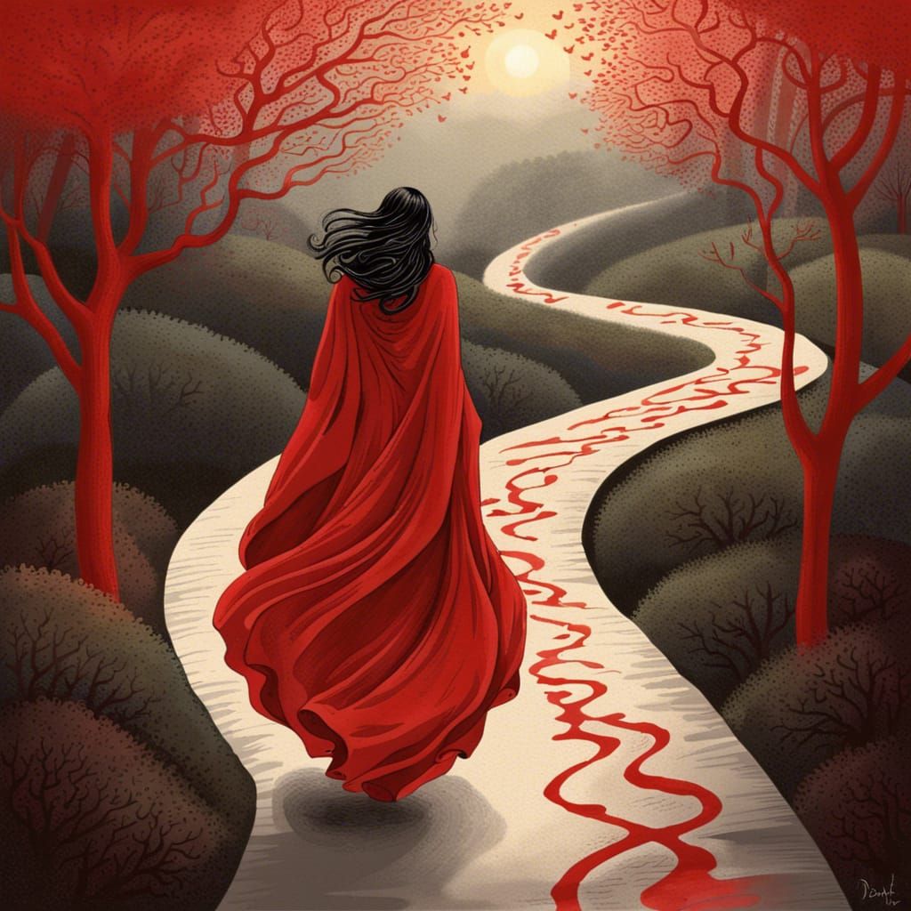 Woman in Red Walking Backwards Through Dark Forest