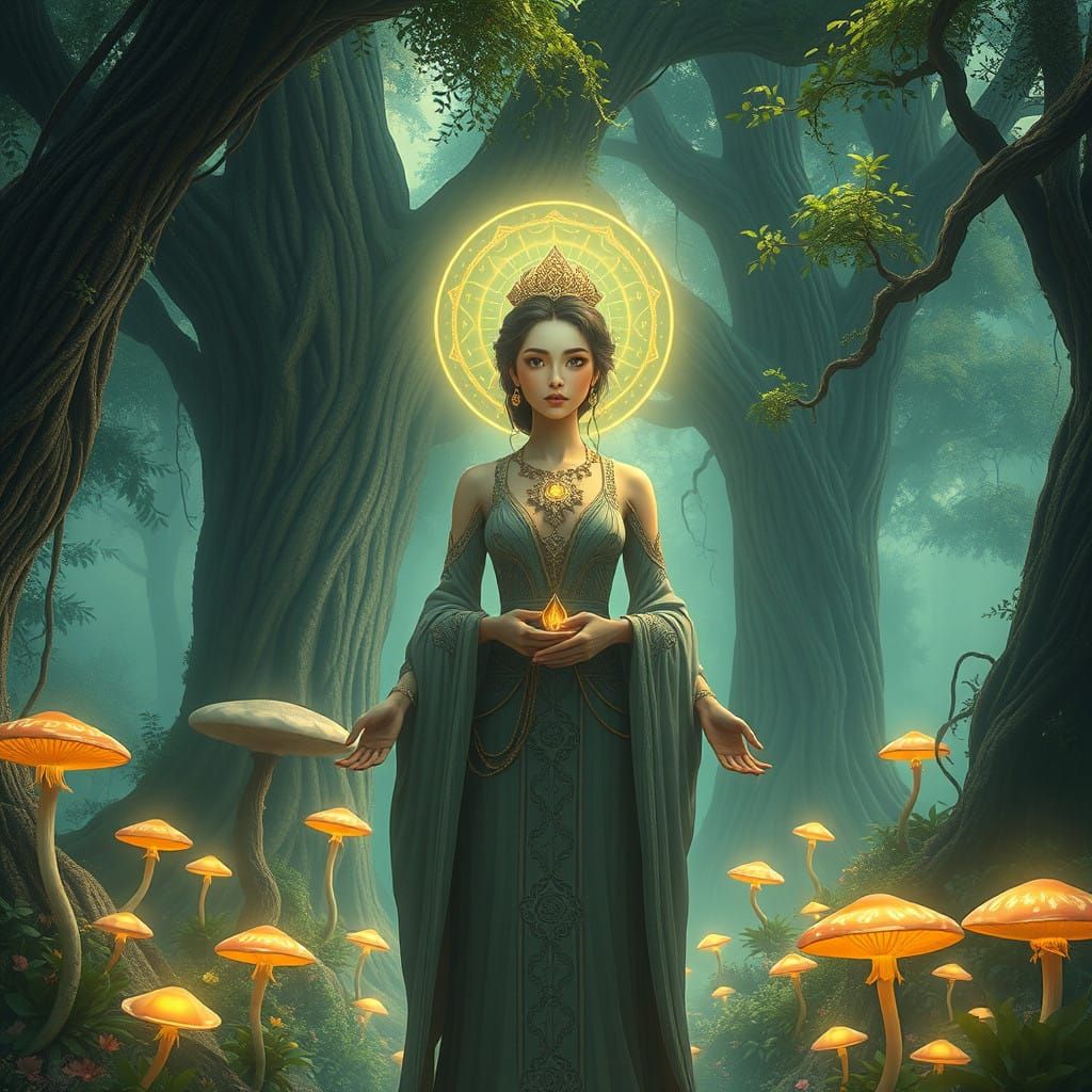 Mystical Fantasy Goddess in Whimsical Forest