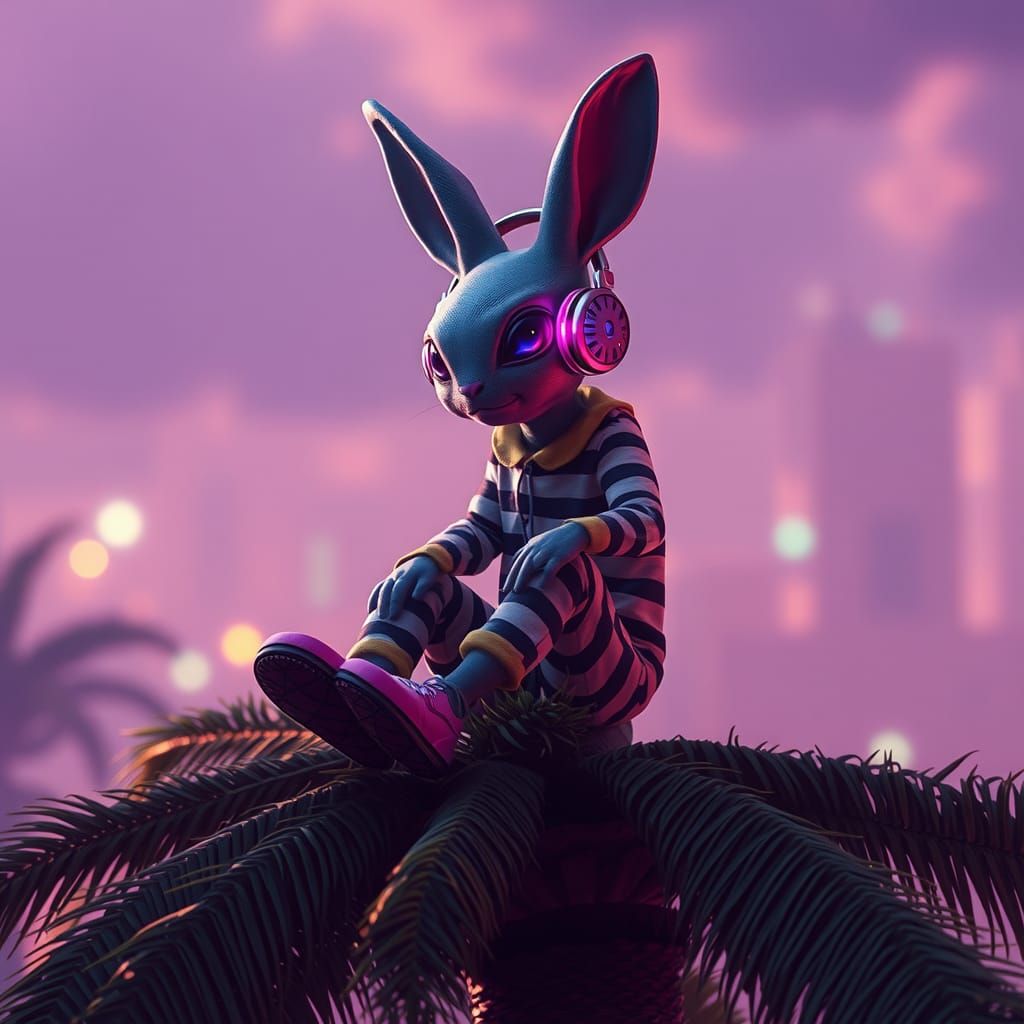 Rabbit Alien Listens to Music in Neon Landscape
