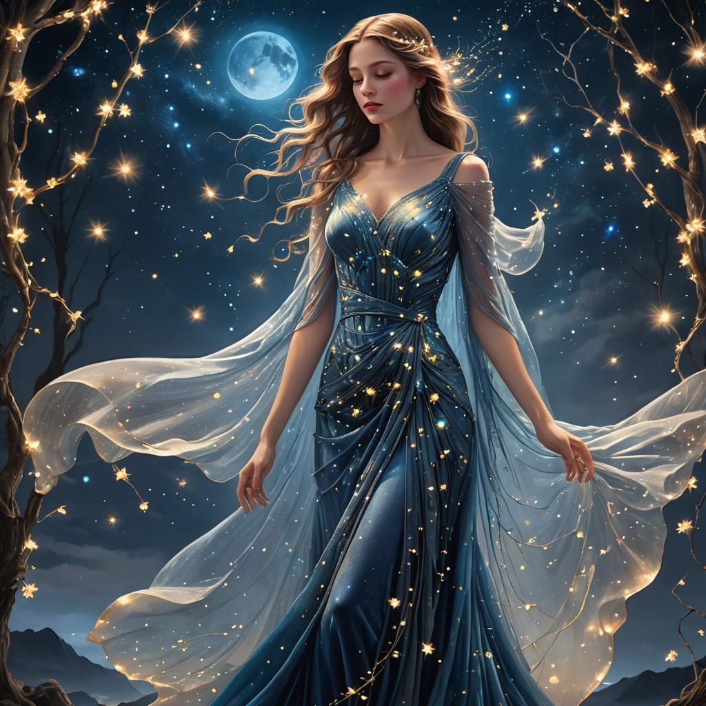 Mystical Woman in Blue Velvet Gown Under Moon
