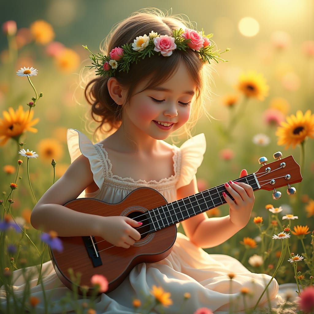 Girl in Meadow Plays Ukulele: Fantasy Matte Painting