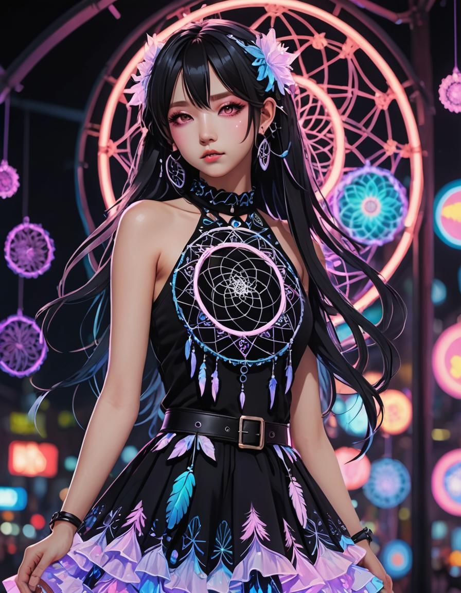Dreamcatcher, (Neon UV Black Light:2.5) pastel goth-themed d...