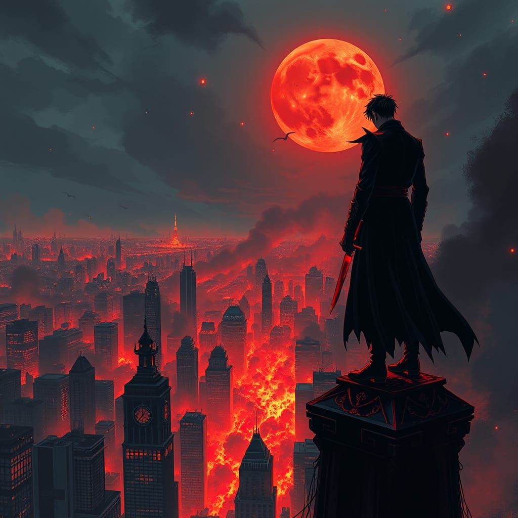Dark Fantasy Anime Hero Stands atop Burning Cityscape