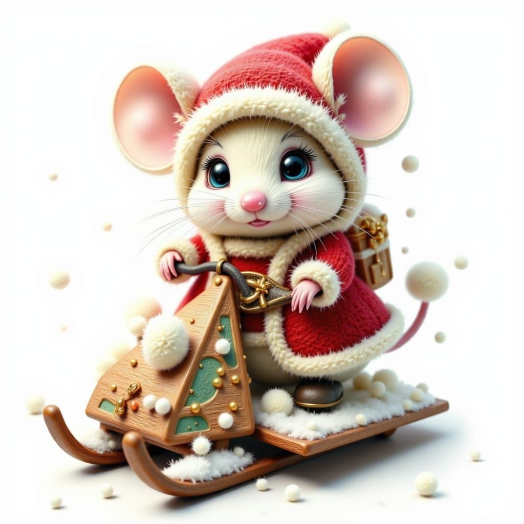 Adorable Santa Mouse Riding a Snowmobile in Whimsical Cartoo...